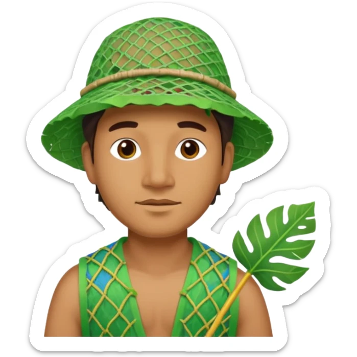 Hawaiian man with colorful cloth and leaf hat green and fishing net sticker