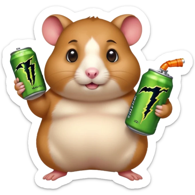 Funny cartoon-style fat hamster wide eyed holding a can of monster energy in one hand and redbull in the other hand sticker