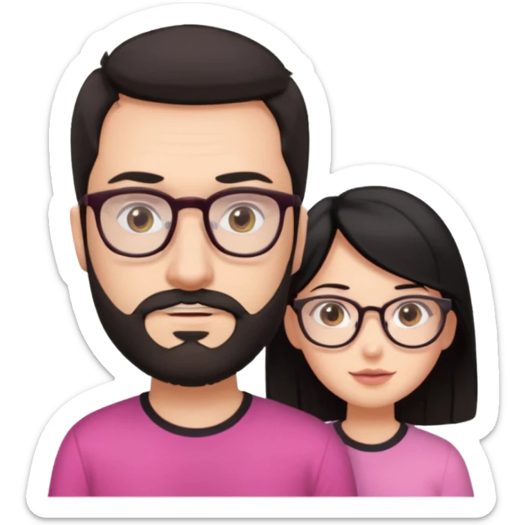 chico con gafas y barba corta moreno al lado una chica pelo negro piel blanca y camiseta rosa ojos marrones sticker