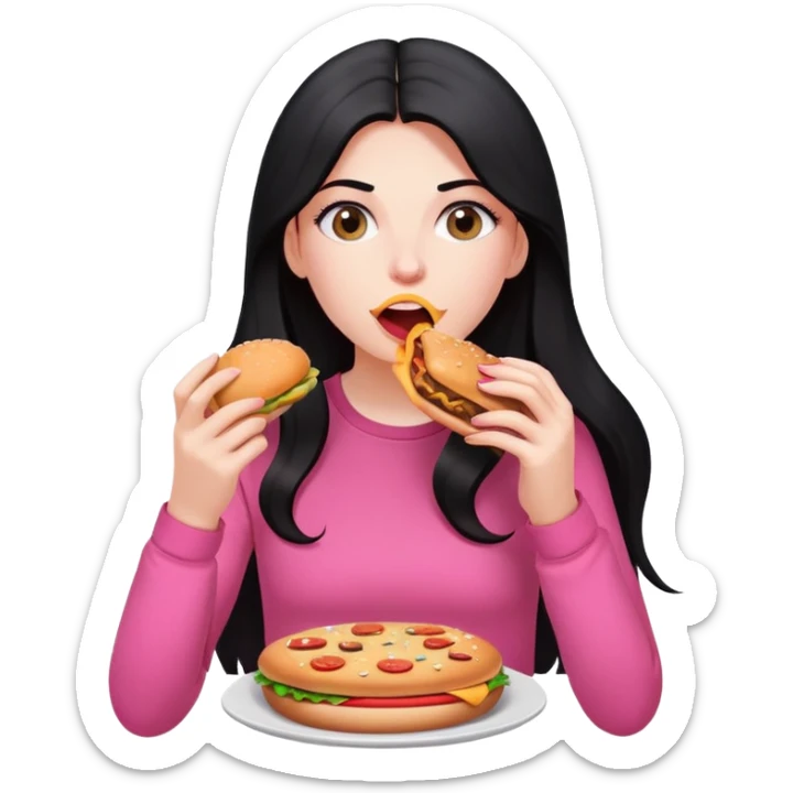 White girl in pink clothes and long black hair eating burger and pizza sticker