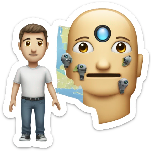 The half of part of face is a man, the other half is a robot. With map on hand sticker