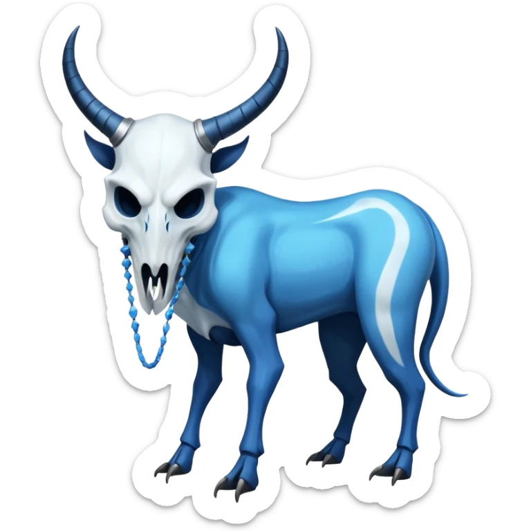 Shiny Dark Edgy  Inteleon-Amaura-Fakémon-hybrid-creature (full body) with a horned animal-skull-mask sticker