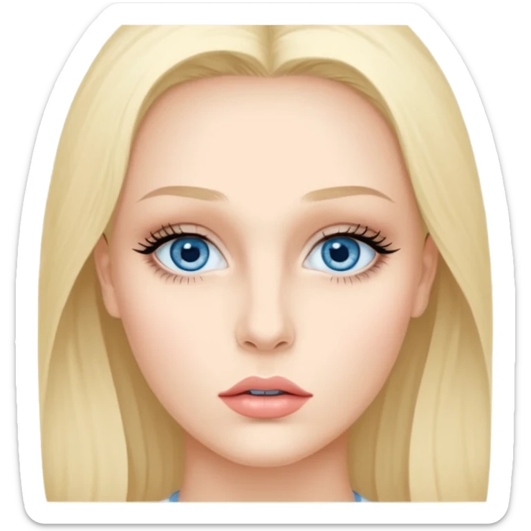 Bonnie Blue Porträt einer jungen Frau mit ovalem Gesicht, großen hellblauen Augen, langen Wimpern und geschwungenen Augenbrauen. Gerade, feine Nase und volle Lippen mit sichtbarem Lächeln. Glatte, leicht gebräunte Haut mit natürlichem Glow. Schulterlanges, blondes Haar mit Locken und Mittelscheitel sticker