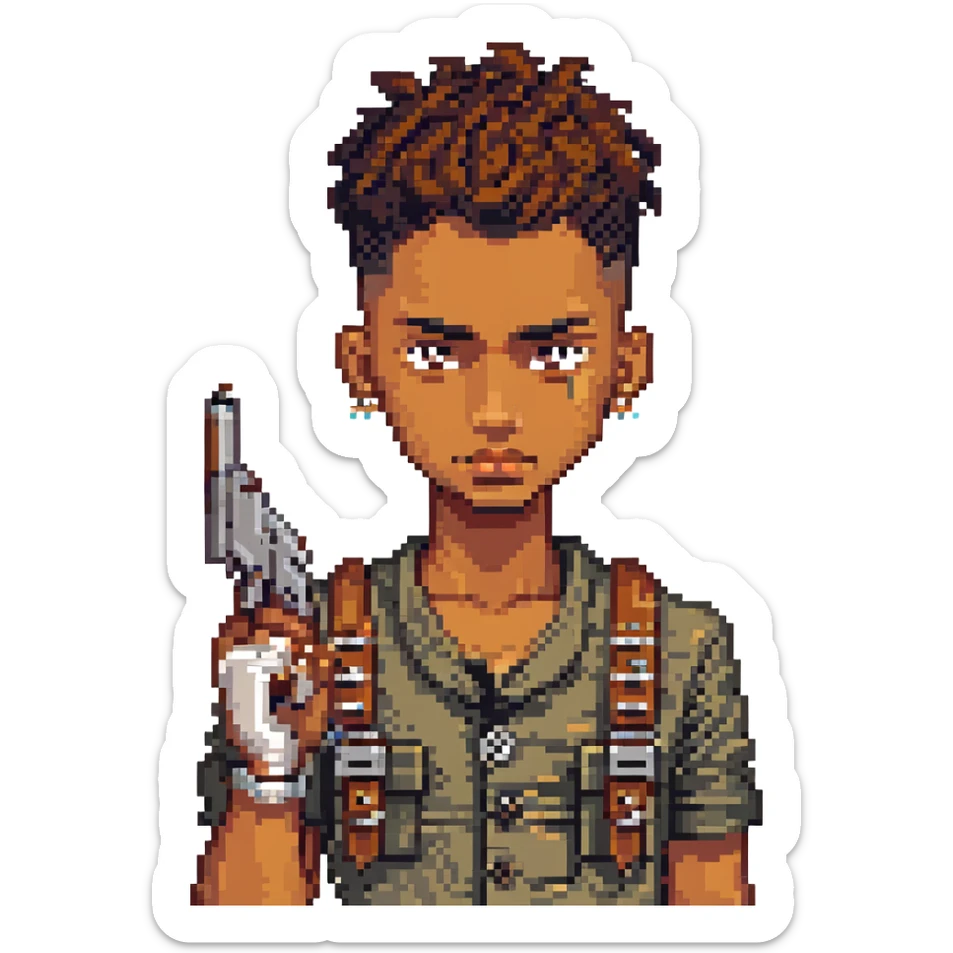 brown-skinned boy with low taper fade, coily hair, septum piercing, two eyebrow slits on left eyebrow, long nose bridge, button nose, holding a gun, serious face, pixel art style sticker
