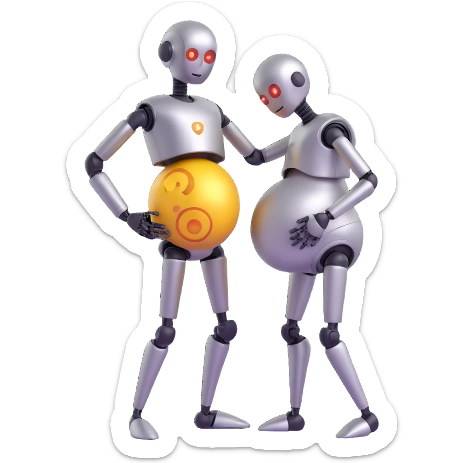 robot in the pose of the pregnant man emoji, metallic body, holding its belly, simple background, emoji style sticker