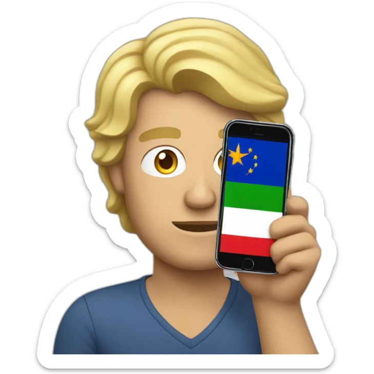 A man in his middle age, with blond hairs, holding an iphone in one and a portugueese flag in the other hand  sticker