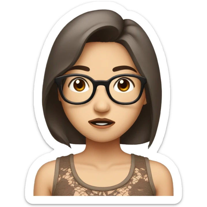 asian girl with brown wolfcut hair and glasses with brown lace tanktop shocked sticker