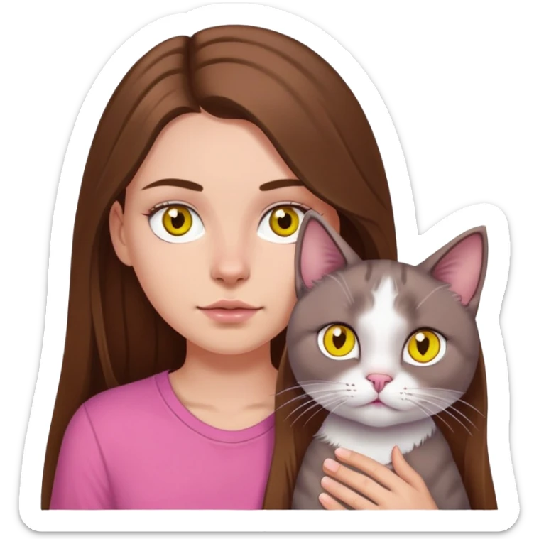 white girl with long brown hair and brown eyes with a septum piercing wearing a pink shirt holding a gray cat with yellow eyes  sticker