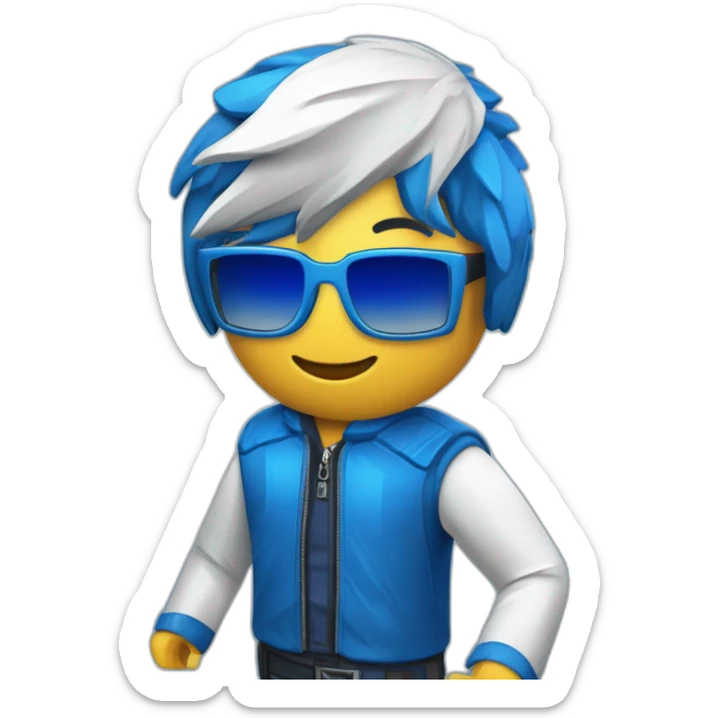 personaje de roblox, rubio con chaqueta azul y en la chaqueta azul manchas blancas, unas gafas de realidad virtual azules y alas de carton sticker