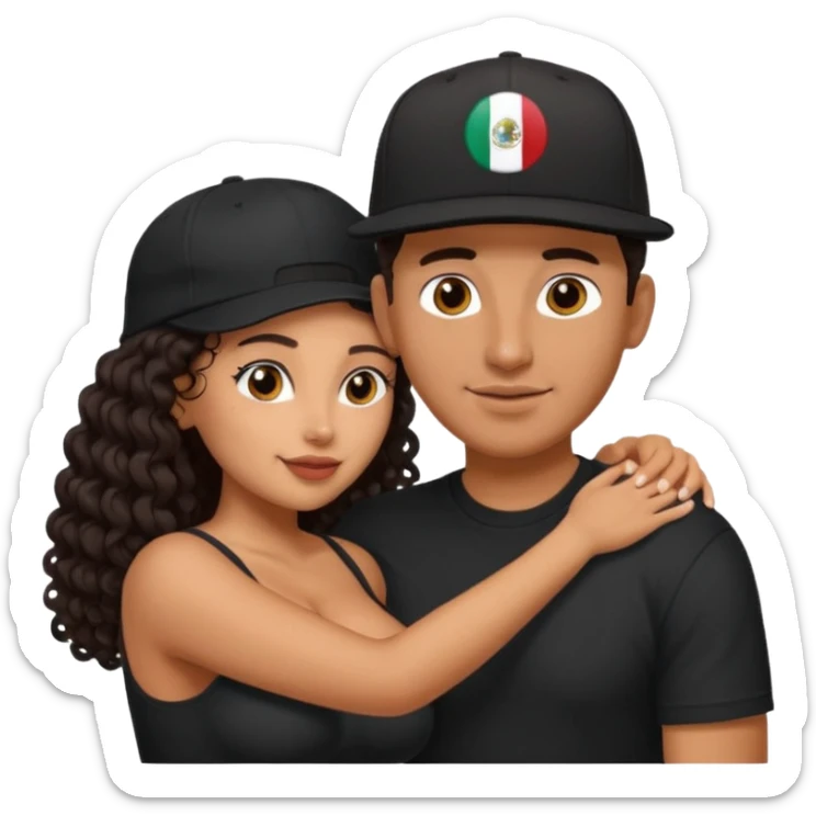 A picture of an embracing tanned couple. the man is a Mexican man with tanned skin, with a bald hair cut wearing a SnapBack hat and a black shirt. the woman wea, with long curly dark brown hair and with big boobs.  sticker