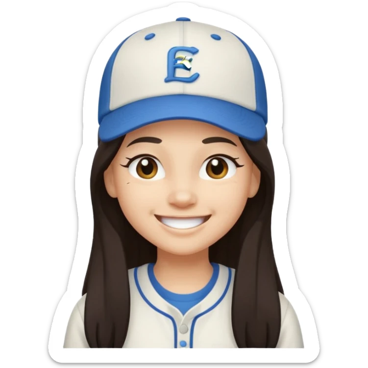 Digital illustration of a cartoon character with a big smile on its face and winking. The character has long dark hair and is wearing a white baseball cap and casual clothes. The overall style of the illustration is cute and playful. sticker