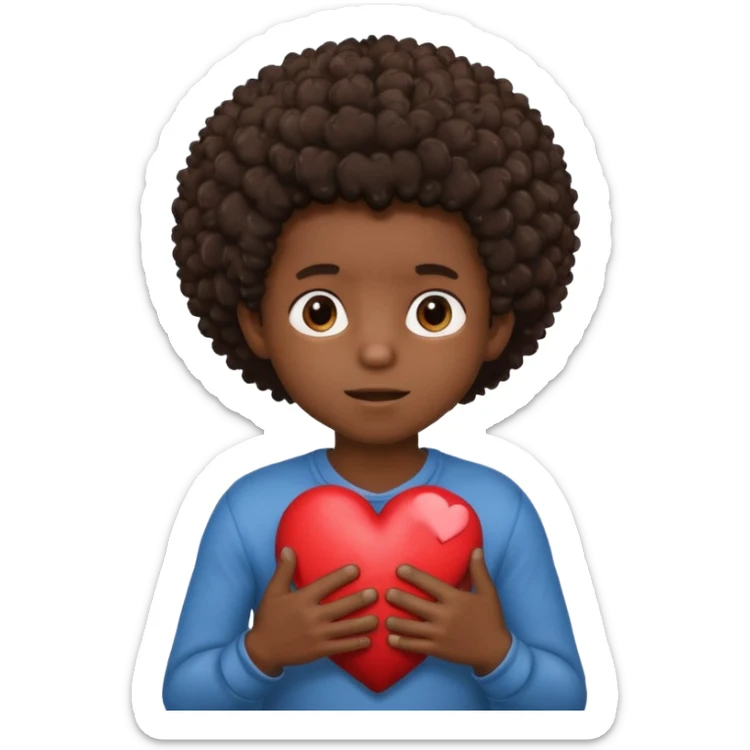 I want a black boy with chocolate skin and a small messy afro holding a heart close to his chest with his hands over the heart as if to present it to someone he loves. sticker