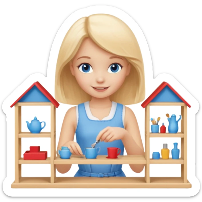 smiling girl arranging furniture in doll house sticker