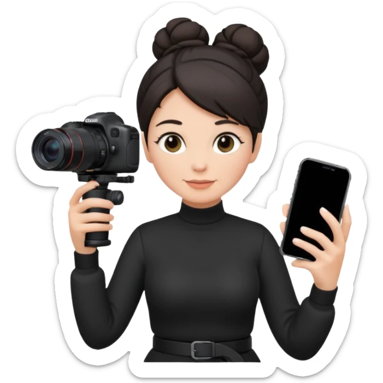 middle aged woman photographer with dark hair in a bun, wearing black clothes, carrying a canon r5 and an iPhone on a gimbal sticker