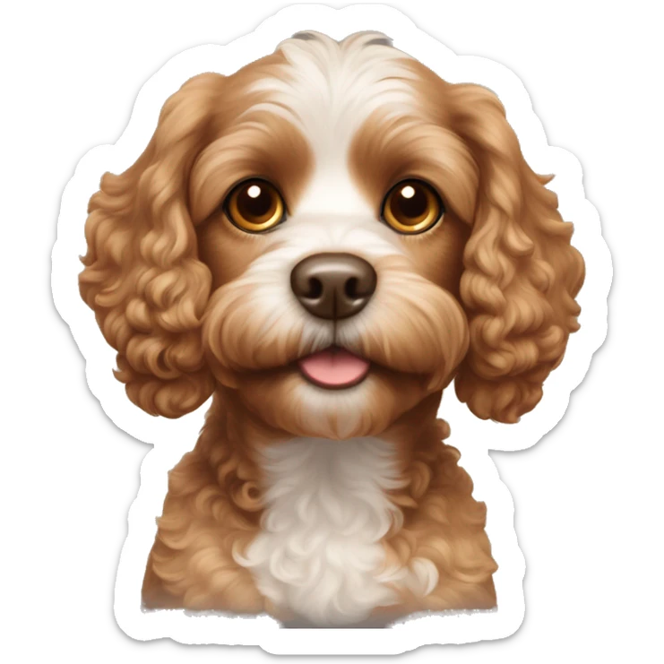 brown cavapoo with white spot around the nose (not on the top of the head) and on the chest, with brown eyes. Frontal look sticker
