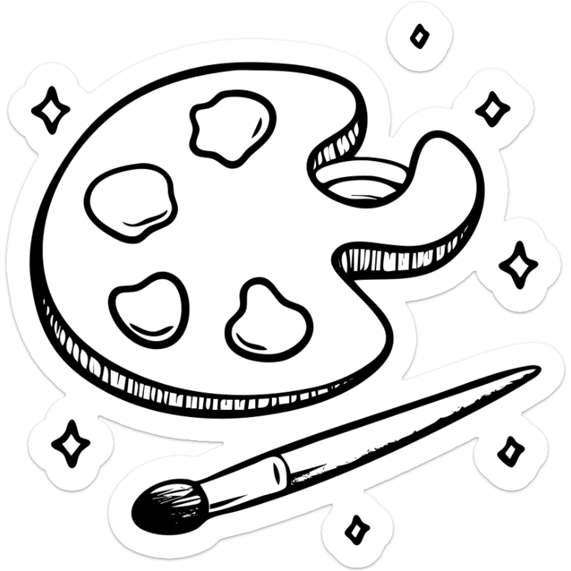 Detailed artist's palette with colorful paint blobs, palette holes, and paintbrushes nearby. Detailed hand-drawn icon style. sticker