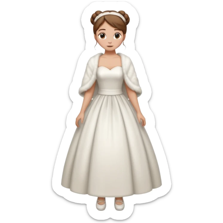 , chica blanca, pelo castaño, pelo recogido con mondongos, vestido novia largo que no se vean los pies con chal invierno corto,cuerpo entero zapatos sticker