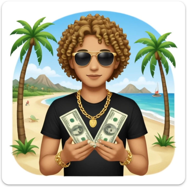 Mixed-race person with curly hair, black t-shirt, gold chain necklace, holding dollar bills in both hands, wearing black sunglasses, beach with palm trees in background sticker