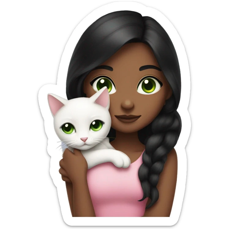 Light brown skin girl with long black hair and black eyes wearing pink hugging or holding a white cat with green eyes sticker