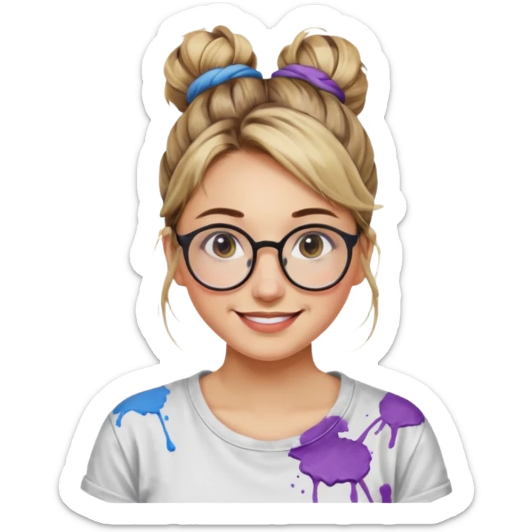 Artist Woman – messy bun, round glasses, paint stains on shirt.














































 sticker