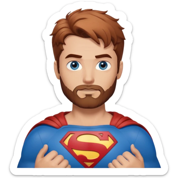 Adult Superman-with redish brownish messy hair-full neatly trimmed beard-blue eyes-hand heart  sticker
