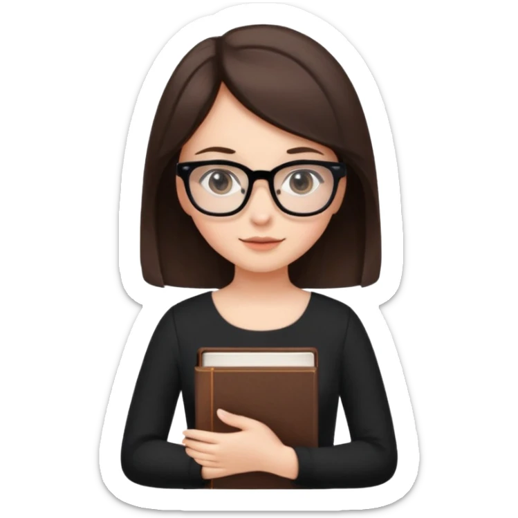 a cute brunette girl in a black dress wearing glasses  with two hands  sticker