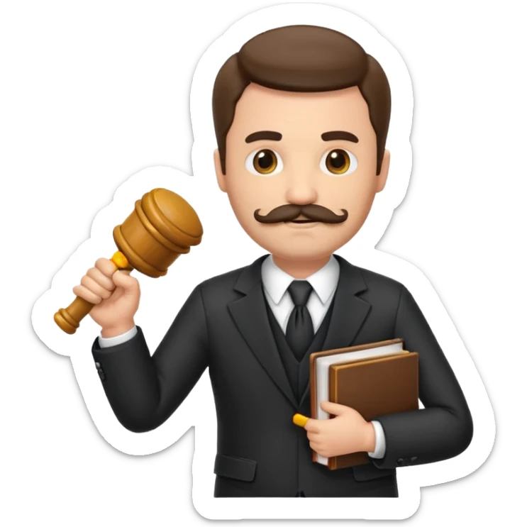 “Create a clean, modern emoji-style illustration of a male lawyer. He is wearing a formal suit jacket. He is holding a judge’s gavel in one hand and has a law book tucked under his arm. He has a mustache and beard! sticker