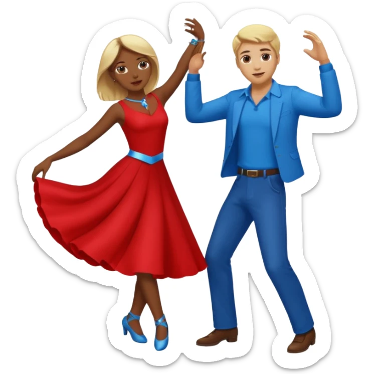 Two people  conservative people dancing. A man wearing red with light skin and blonde hair. A women wearing bue with dark skin and brown hair. sticker