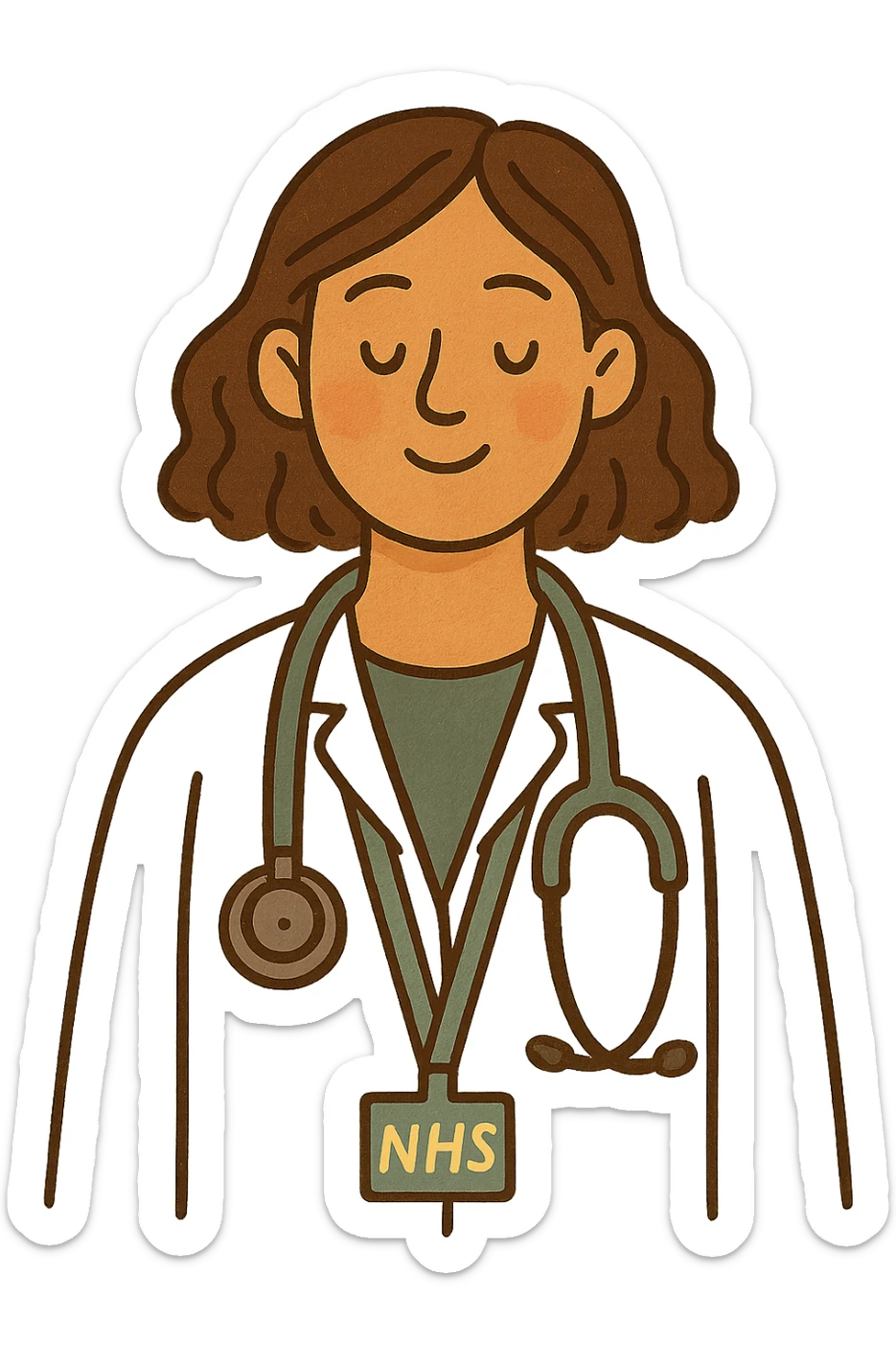 A modern day female doctor wearing an NHS lanyard and stethoscope sticker