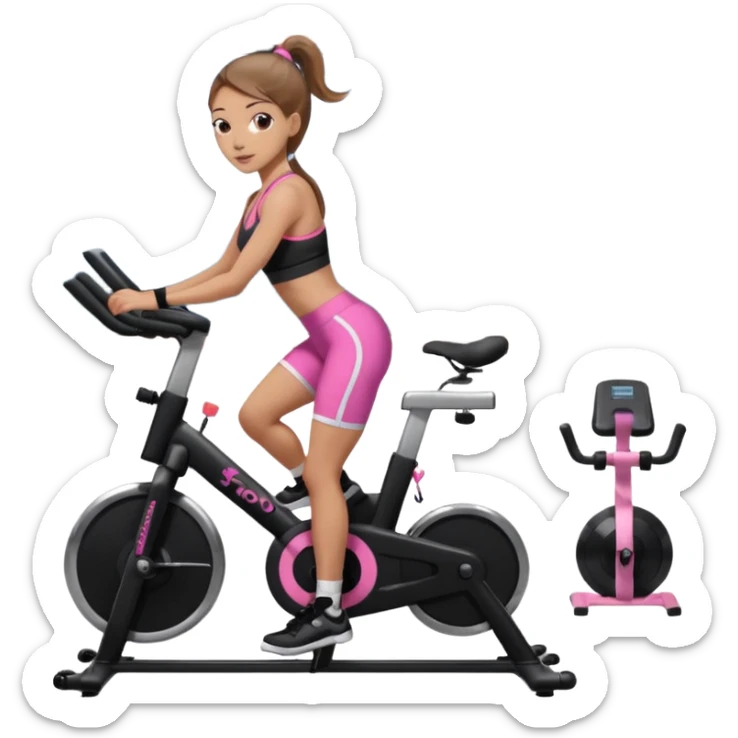 Light skin girl with long light brown hair in a pony tail, black workout set leaning on a indoor spin bike with NO HELMET, can we add a pink sports bra  sticker