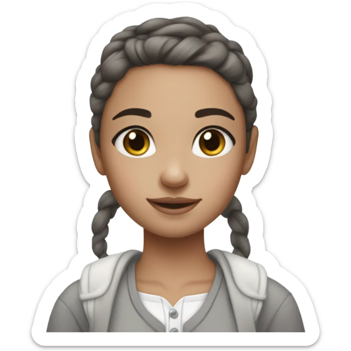 A cute brunette girl with clean girl makeup with a ponytail with a white bow wearing grey comfy clothes sticker