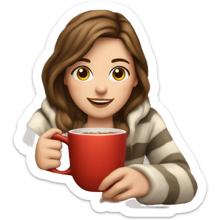 a white girl with brown hair sitting by the fireplace with hot chocolate  sticker