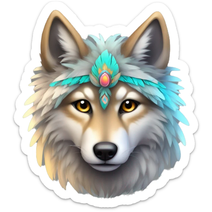 Fluffy Shy Colorful Spiritual Coywolf With Shiny Tribal Markings wearing feathers Full Body sticker