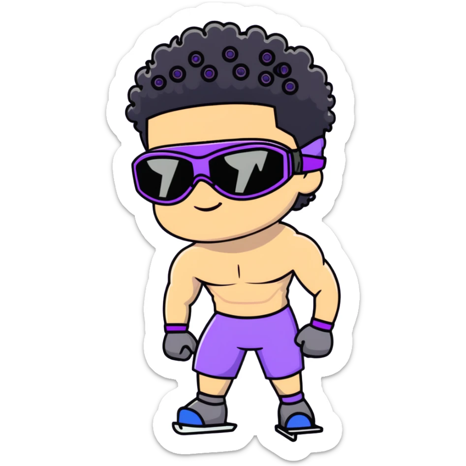 shirtless male athlete with white skin and moderately curly black hair on top with shaved sides, wearing purple ski goggles with black tinted lenses, and a simple plain black chain necklace, no earrings sticker
