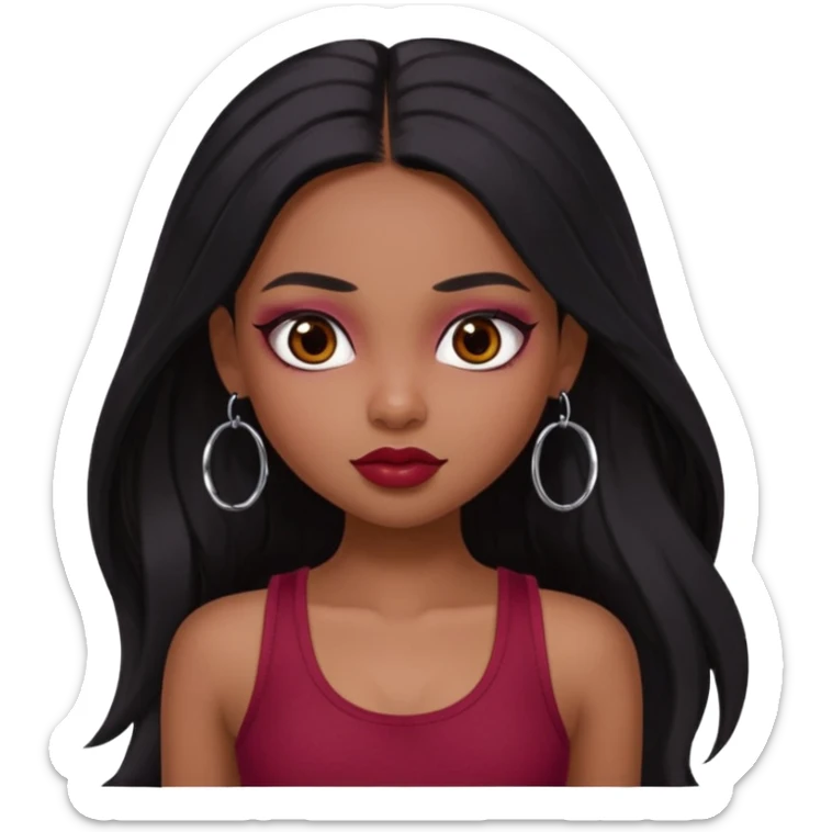 a pretty bratz girl with long black hair, kajal under eyes, small silver hoop. Dark cherry red tank top on.  sticker