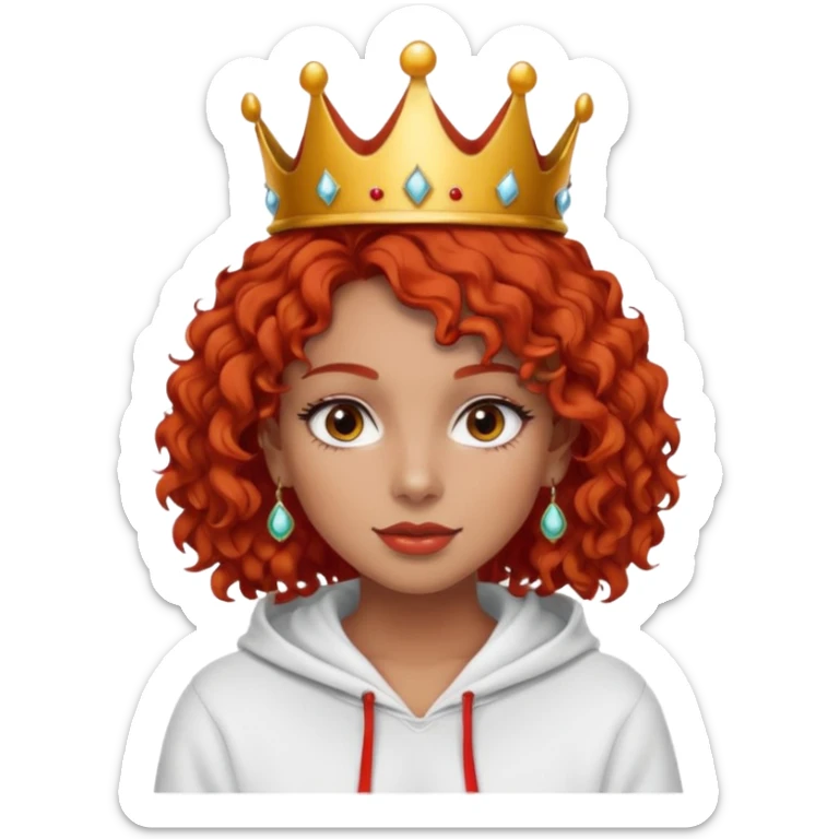 
Slim girl with a fine face, dark and tanned skin, medium-length curly tomato-red hair, dark eyes, medium-thick eyelashes, and a crown and earrings, wearing a white hooded sweatshirt. sticker