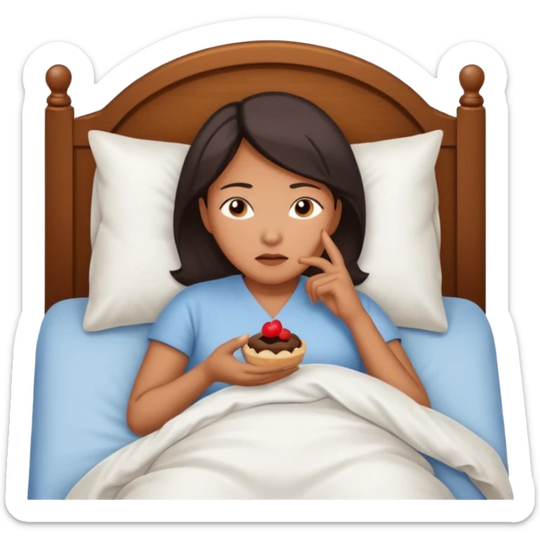 A middle-aged Asian woman lying in bed, unable to sleep thinking of dessert sticker