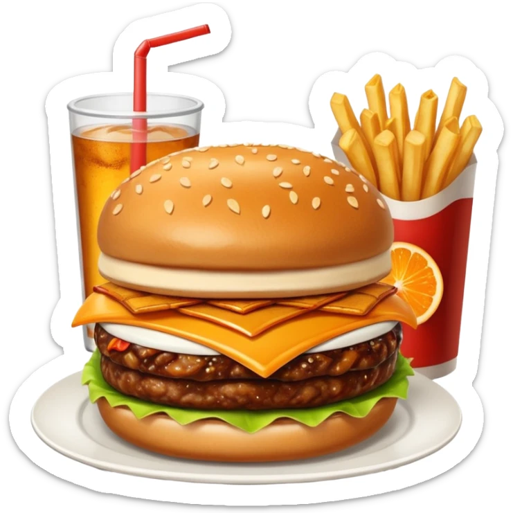 BBQ BACON BURGER, LARGE ORDER OF FRIES, ORANGE SODA WITH NO ICE, AND PIECE OF HOT APPLE PIE. sticker