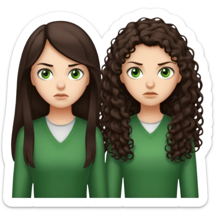 Two scornful girls, 1: long ironed straight darkbrown hair, green eyes, 2: long curly darkbrown hair, brown eyes sticker
