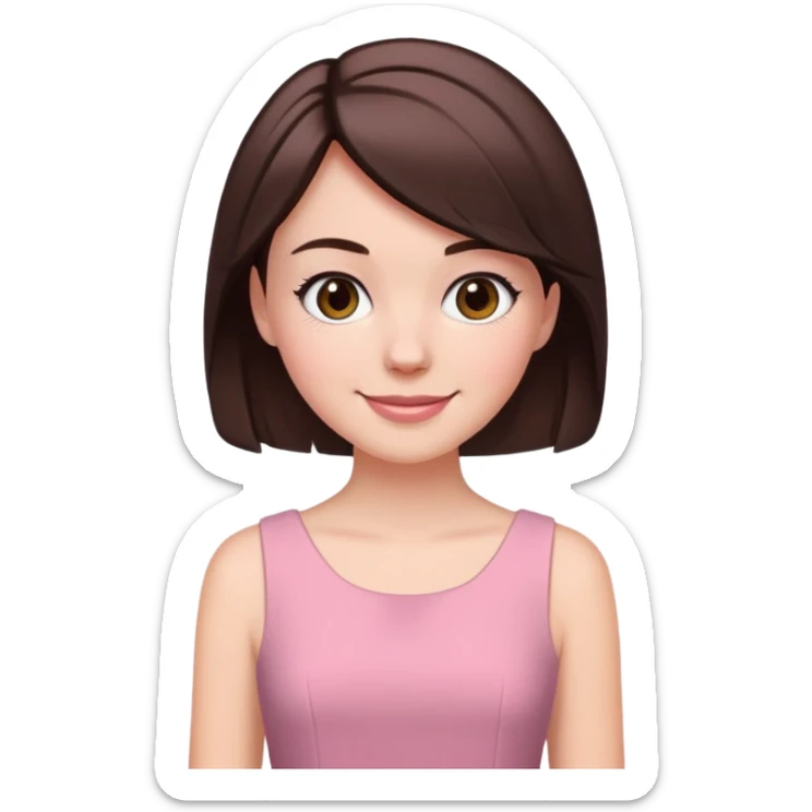 A white girl who has a short black but raised brown hair nice smile pink dress  sticker