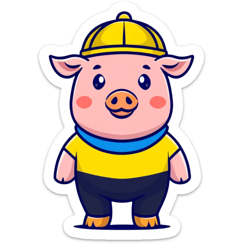 President Zelensky's head on a pig body wearing a yellow and blue hat sticker