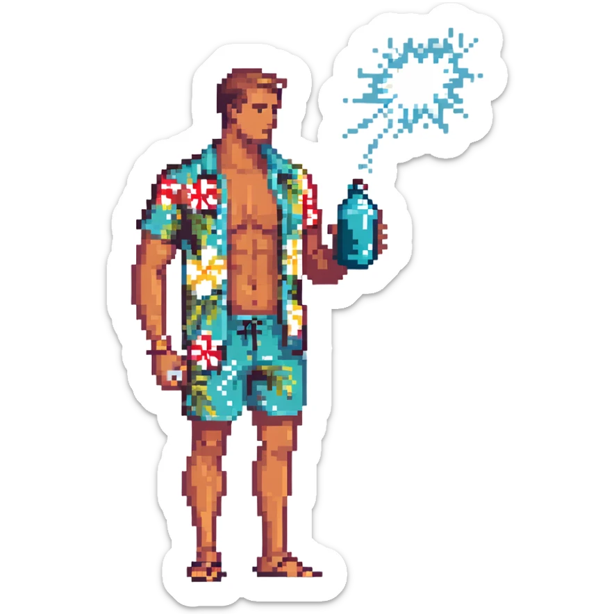 human male Unbuttoned Hawaiian shirt, swim trunks, shaking a cocktail shaker (sparks flying), with a drink sticker