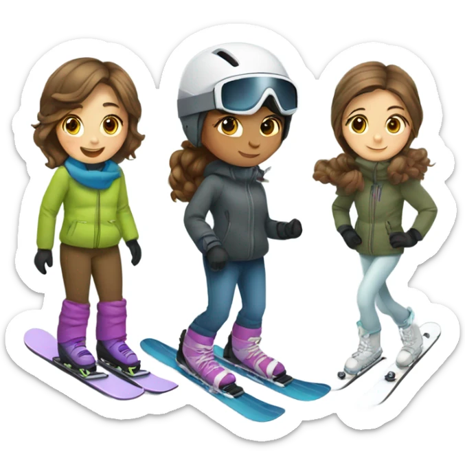girl skiing and girl snowboarding with brown hair  sticker
