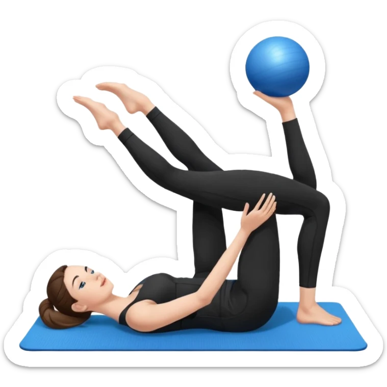 generate a pretty woman in black gym clothes doing pilates on a blue mat with a small blue ball sticker