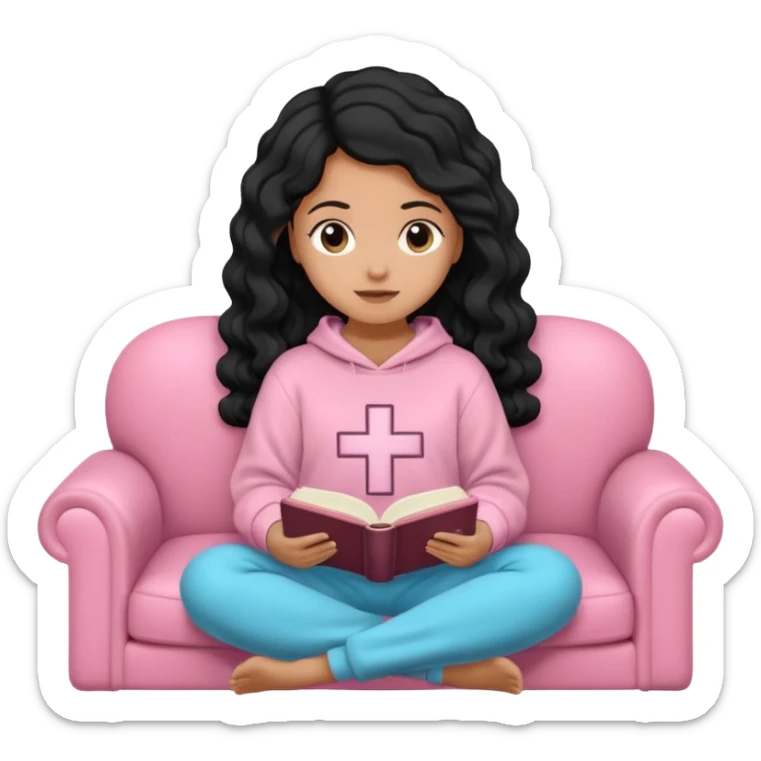Una chica linda de cabello negro con ondas hasta los hombros de piel blanca con una sudadera rosa en un sofá cómodo y hermoso leyendo la biblia sticker
