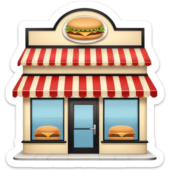 front of fast food building with awning, windows, and a glass door in the center. The building is a creme color with no decorations sticker