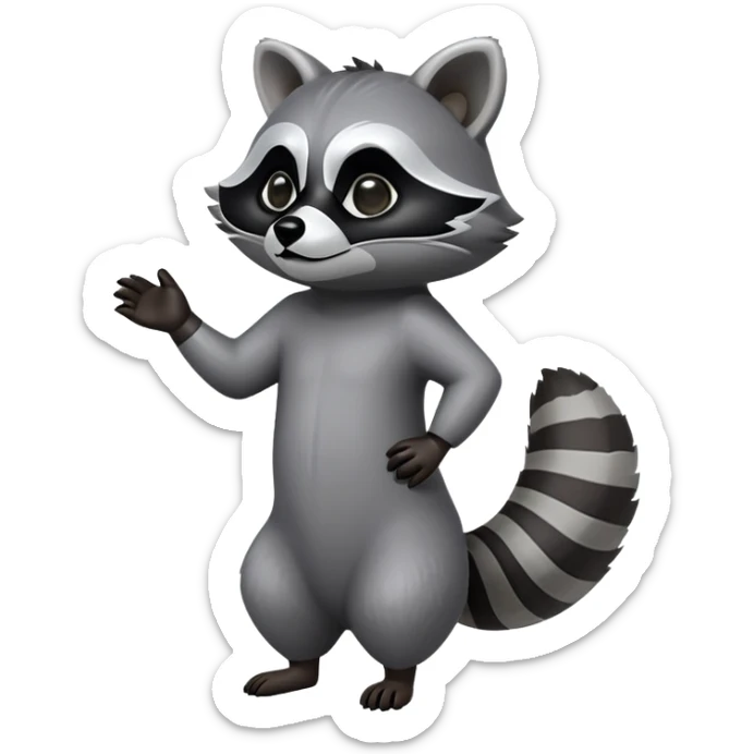 Cinematic-Raccoon-Realistic-Full-Body-Standing on all fours-Emoji – Tail flicking lazily, head tilted dramatically, thick grey fur with a signature black mask, sharp and alert ears, simplified yet realistic focused features, highly detailed, glowing with an almost sarcastic glow. sticker
