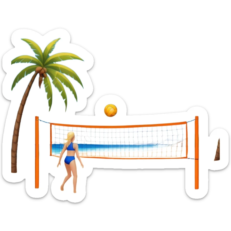A volleyball resting on the orange sand of a beach, with a volleyball net in the background. The scene includes a beautiful beach landscape with blue sea, sky, and palm trees, while a couple of women in swimsuits play in the distance, capturing the relaxed yet competitive vibe of beach volleyball. sticker