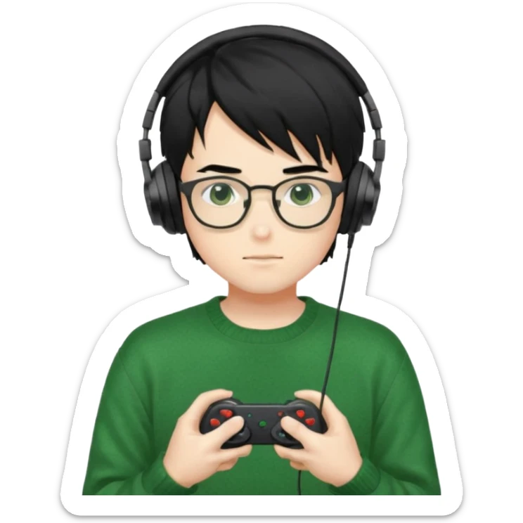 
gamer, Gorgeous green sweater black hair anime style shojo guy glasses, headphone, gamepad sticker