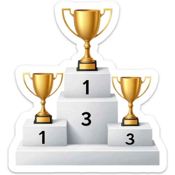Create an emoji of a podium with three levels. The first place should have a golden trophy, the second place should have a silver trophy, and the third place should have a bronze trophy. The trophies should be placed on white pedestal platforms, with the numbers 1, 2, and 3 clearly visible on each base. The style should be clean, modern, and minimalist sticker